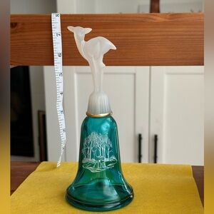 Avon Emerald and Ivory Glass Bell with Forest Scene (empty)